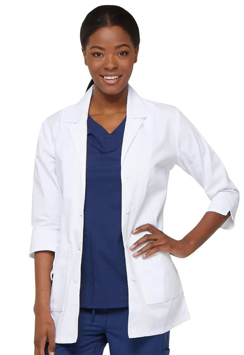 Contemporary Fit Women's Three Quarter Sleeve Twill Lab Coat 30 Inch Length White Notched Lapels Button Front