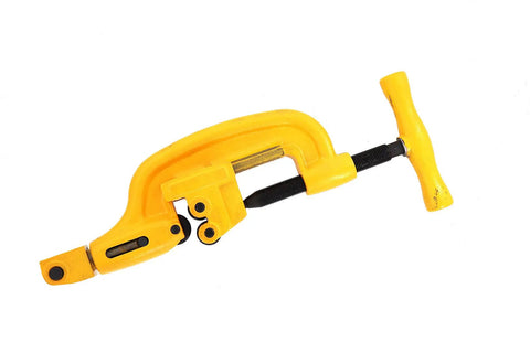 Beast Mode One Piece Pipe Threader And Heavy Duty Cutter With Complete Oil Setup And Smooth Rolling Transport Cart Built Damn Tough To Thread Half To Two Inch Pipe Daily in yellow.