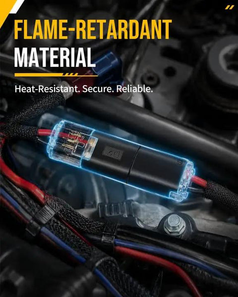 Close-up of flame-retardant wire connector in engine, part of 200 Pieces Quick Connect Wire Terminals for Wiring Job Double Push in Plugs Solderless Splice Kit for Low Voltage Cables Knockout Speed Tool Free Install Heavy Duty Grip That Will Not Loosen Up Easy Darn Secure.