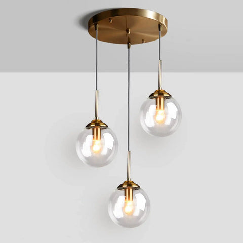 Three Light Pendant Light Fixtures with Brass Lamp Holder and Handblown Glass Shade, 5.9 Inch Globe Shade, 110 Cm Adjustable Cord