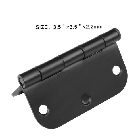 Single Pack Matte Black Door Hinges 3.5 Inch With 5/8 Radius Corners, Sleek Low Profile Look, close-up of hinge design and holes