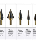 Step Drill Bits Set For DIYers And Pros Five Piece HSS Titanium Coated Step Drill Bit Kit With 50 Size Options shown in various sizes.