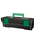 Kickass Tailgate Ready Tool Box Featuring An Unbreakable Hinged Lid And Grippy Top Carry Handle, black with green handle.
