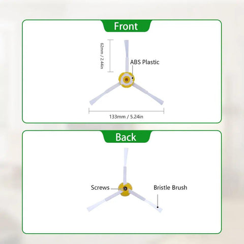 Dimensions of replacement side brushes for Roomba 500 600 700 800 900 series with preinstalled screws, front and back view.