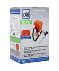 Power Clean Evaporative Cooler Purge Pump With Auto Flush System Orange Polypropylene box showing features and dimensions