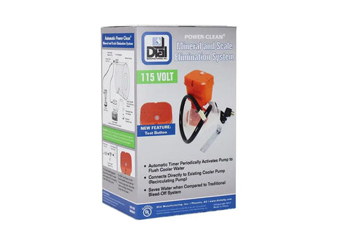Power Clean Evaporative Cooler Purge Pump With Auto Flush System Orange Polypropylene box showing features and dimensions