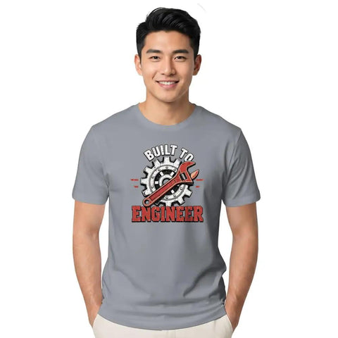 Super Cool Mechanical Engineer Tee With Vintage Wrench Graphic on a man wearing gray unisex cotton shirt, perfect for workshop use.