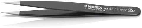 ESD Safe Straight Tip Tweezers, 5-1/4 Inch Stainless Steel, Black Finish, Pro Grade Electronics Assembly Tool displayed on white background.