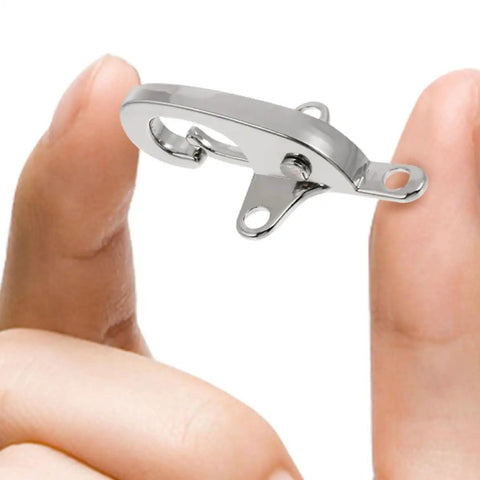 Four Pairs Of Silver Zinc Alloy Web Joint Buckles For Crafts, Built Tough To Beat Wear And Tear, Adjustable Airplane Style Buckles For DIY Projects, Perfect For Belts, Straps, Bags, And Garments. Silver zinc alloy web joint buckle held between fingers