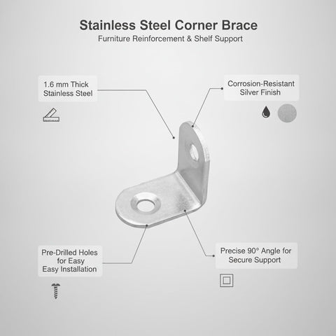 Heavy Duty Stainless Steel 90 Degree L Bracket For Furniture Reinforcement And Shelf Support 1.6mm Thick Metal With Silver Finish