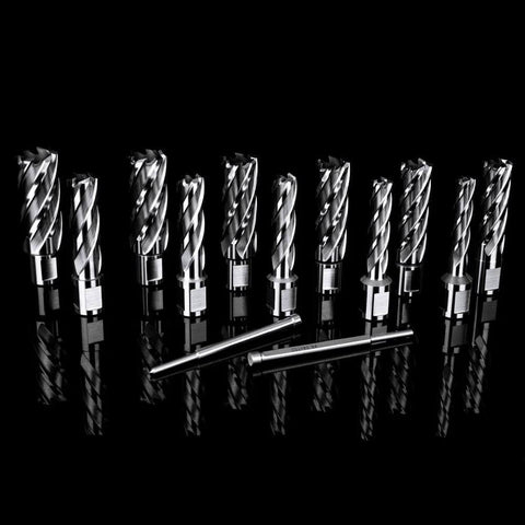 Annular cutter set, 13 pieces with 2 pilot pins; metallic silver drill bits for magnetic drill press