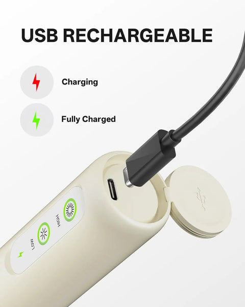 Close-up of Top Shelf Rechargeable Two Speed Milk Frother With Dual Spring Stainless Whisk charging via USB Type C.