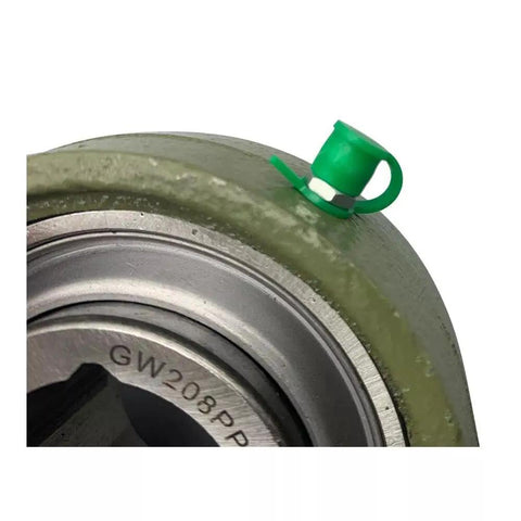 Close-up of Heavy Duty Disc Pillow Block Bearing 1-1/8 Inch Bore Replacement For Tufline TPBT60 SpinCo GW208PPB5-P with green cap