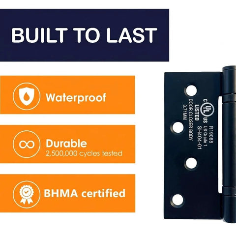 Self Closing Spring Loaded Hinges With Adjustable Tension For 4 Inch Doors Ideal For Garage Front And Back Doors Hands Free Closer Hinge Left Or Right Hand Black 3 Pack, shown with durability and certification features visible