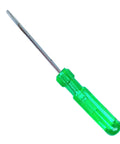 Green-handled screwdriver with metal shaft on white background