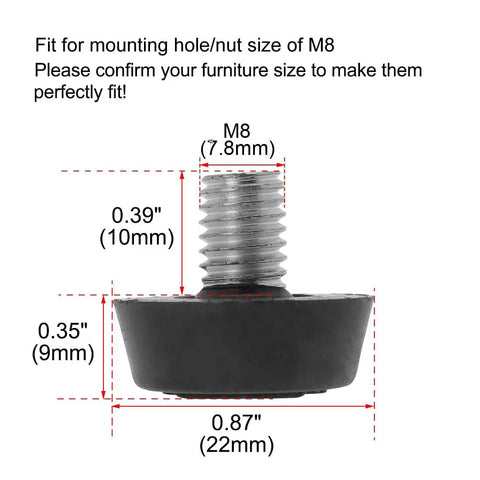 Diagram of M8 X 1.25 furniture leveling foot with dimensions, including 10mm height and 22x9mm base for desks and cabinets