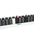 Oil Shelf Organizer For Garage And Enclosed Trailer, 12 Quart Bottle Holder Caddy with 12 black bottles on a silver rack