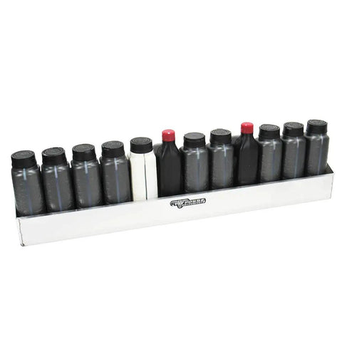 Oil Shelf Organizer For Garage And Enclosed Trailer, 12 Quart Bottle Holder Caddy with 12 black bottles on a silver rack