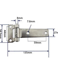 Solid Forged Stainless Steel T Shaped Container Hinges, Highly Polished Marine Grade 304 Stainless, showing dimensions.
