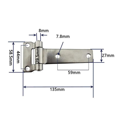 Solid Forged Stainless Steel T Shaped Container Hinges, Highly Polished Marine Grade 304 Stainless, showing dimensions.