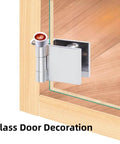 Glass door with Coffee Hinge Head Topper Set Of 6 Mini Magnetic Door Hinge Heads Decorative Topper in coffee theme installed on hinge.