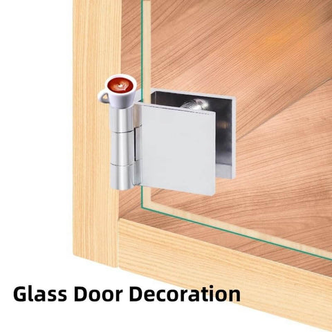 Glass door with Coffee Hinge Head Topper Set Of 6 Mini Magnetic Door Hinge Heads Decorative Topper in coffee theme installed on hinge.