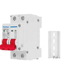Front view of 2P 1000V 63A Solar DC Mini Circuit Breaker With Thermal Magnetic Trip, DIN Rail Mount, next to rail bracket.