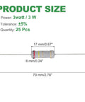 25 Pack 2.4 Ohm 3W Metal Oxide Film Resistors, 5 Percent Tolerance, Axial Lead, Flame Resistant, Great for DIY Electronics Projects, Circuit Experiments, and Prototyping, shown with 17 mm body and 70 mm lead length