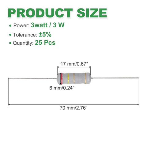 25 Pack 2.4 Ohm 3W Metal Oxide Film Resistors, 5 Percent Tolerance, Axial Lead, Flame Resistant, Great for DIY Electronics Projects, Circuit Experiments, and Prototyping, shown with 17 mm body and 70 mm lead length