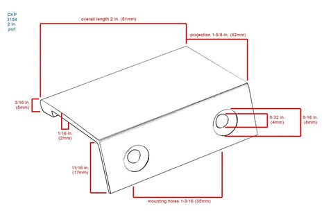 Diagram of 2 Inch Edge Pull In Polished Chrome For Cabinets And Drawers with dimensions and two mounting holes.