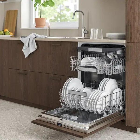 Swedish Engineered Integrated Dishwasher 60 Cm Wide with clean dishes in baskets, set in modern kitchen cabinetry.