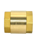 Front view: brass check valve with female threading, spring-loaded, 1 in DN25, horizontal inline backflow preventer