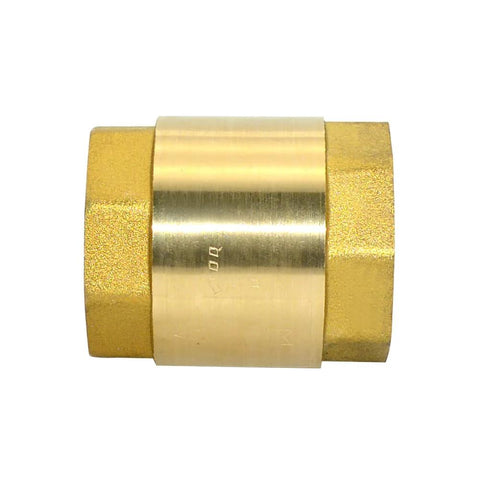 Front view: brass check valve with female threading, spring-loaded, 1 in DN25, horizontal inline backflow preventer