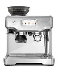 Super Solid Game Changer All In One Espresso Machine With Built In Grinder And Smooth Touch Panel For Quick Beans To Cup Brews In Stylish Brushed Stainless Steel Certified Remanufactured Setup front view with touchscreen.