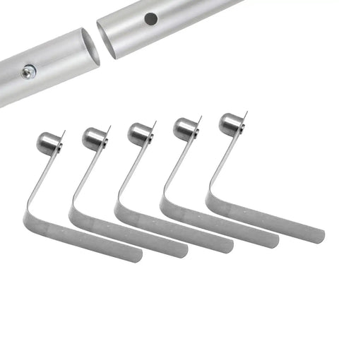 Five pack of 8mm V Shape Spring Clips for tents and kayaks, pole locking clips featured next to aluminum tubing.