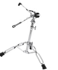 Gig Ready Adjustable Double Layer Cymbal Stand Road Tested Heavy Duty Iron Drum Rack Snap Setup, silver metal with rubber feet.