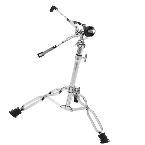 Gig Ready Adjustable Double Layer Cymbal Stand Road Tested Heavy Duty Iron Drum Rack Snap Setup, silver metal with rubber feet.
