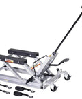 Beefy Ultra Low Profile Motorcycle And ATV Lift With Fifteen Hundred Pound Capacity, clears 3.5 inches, side view, includes skids