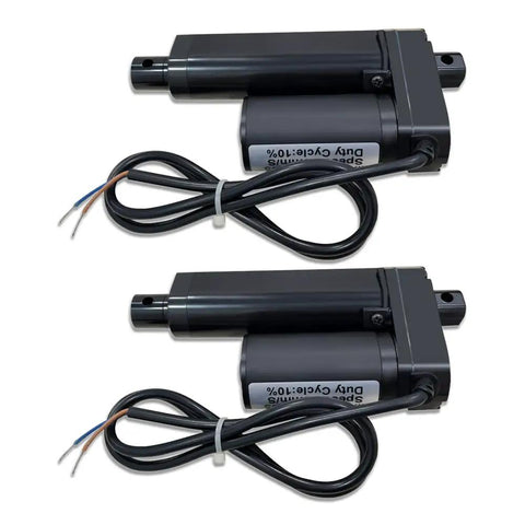 Pair Of Two Inch Stroke 12V Electric Linear Actuators Set, 225 Lbs Load Capacity, 10 Mm Per Second Travel, IP55 Waterproof, Black Aluminum, Heavy Duty Actuators For DIY Projects, Auto, Marine And Robotic Applications. Two black 12V linear actuators with wires