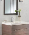 Matte Black One Hole Bathroom Faucet For Vanity With Easy Install No Fuss Sleek Modern Sink Tap Push Pop Drain Assembly Included Fits 1 Or 3 Hole 4 Inch Install Deck Plate Included on wooden vanity with mirror