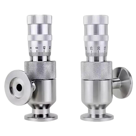 Front and side view of Stainless Steel Fine Tuning Needle Valve With Internal Thread Vacuum Micro Adjustment Valve With Scale Precision Dial For Smooth Flow Control Slick Leak Minimizing Design DN 0.8 Mini Inline Flow Regulator.