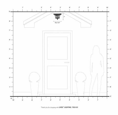 Illustration with Monterey Dope 2 Light Flush Mount Outdoor Indoor Brushed Nickel Solid Brass Fixture on porch ceiling with measurements.