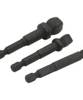 Get A Durable Chrome Vanadium Socket Adapter Kit That Fits Your Electric Drill For Quick Fixes And DIY Projects With Secure 1/2 3/8 And 1/4 Inch Versatile Drive Adaptors Built Tight For Real Tough Stuff. 3-piece black steel drill socket adapters