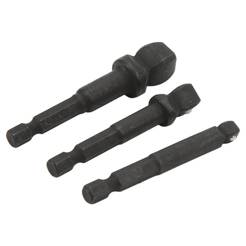 Get A Durable Chrome Vanadium Socket Adapter Kit That Fits Your Electric Drill For Quick Fixes And DIY Projects With Secure 1/2 3/8 And 1/4 Inch Versatile Drive Adaptors Built Tight For Real Tough Stuff. 3-piece black steel drill socket adapters