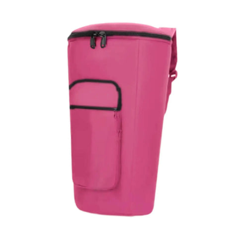 12 Inch African Drum Bag Waterproof Oxford Cloth Backpack With Thick Foam Padding And Shock Resistant Design To Keep Your Hand Drum Locked Down On Tour Days in pink color with side pocket.