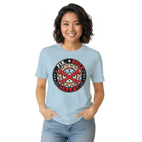 Chill Mechanical Engineer T-Shirt For Real Builders Vintage Gear Badge Design Soft 100% Cotton Tee on a woman in light blue.
