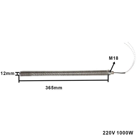 Heavy Duty 220V Straight Fin Electric Air Heater With Rapid Dry Heating Element 365mm long, 12mm diameter, M18 screw design.