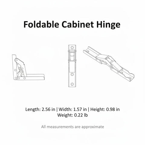 Illustration of a Foldable Cabinet Hinge with 90 Degree Lock and 180 Degree Fold for Drop Leaf Tables and Wall Mount Desks.