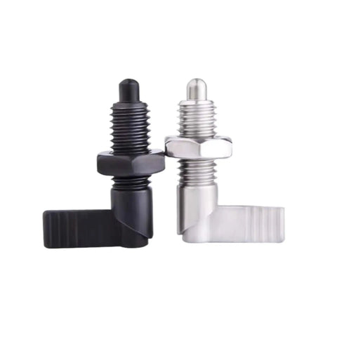 Tough As Nails Carbon Steel Telescopic Spring Indexing Pin With L Handle Knob For Ridiculous Precision And Rock Solid Positioning Self Locking M10 M12 Machine Tool Parts in black and silver.