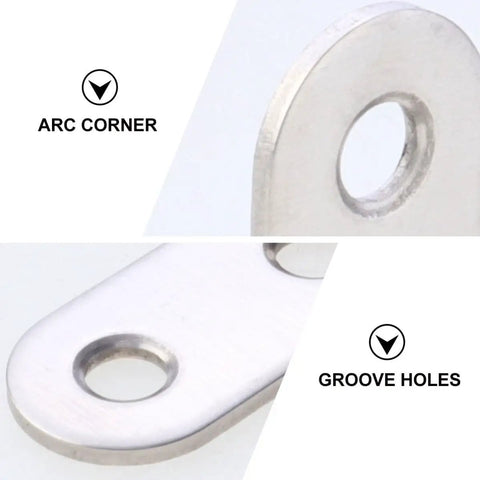 L Shaped Corner Brackets Set 18 Pieces Stainless Steel Right Angle Shelf Braces showing arc corner and groove holes